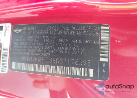 2008 Mini Cooper S from USA, damaged, VIN WMWRH33508TL96592